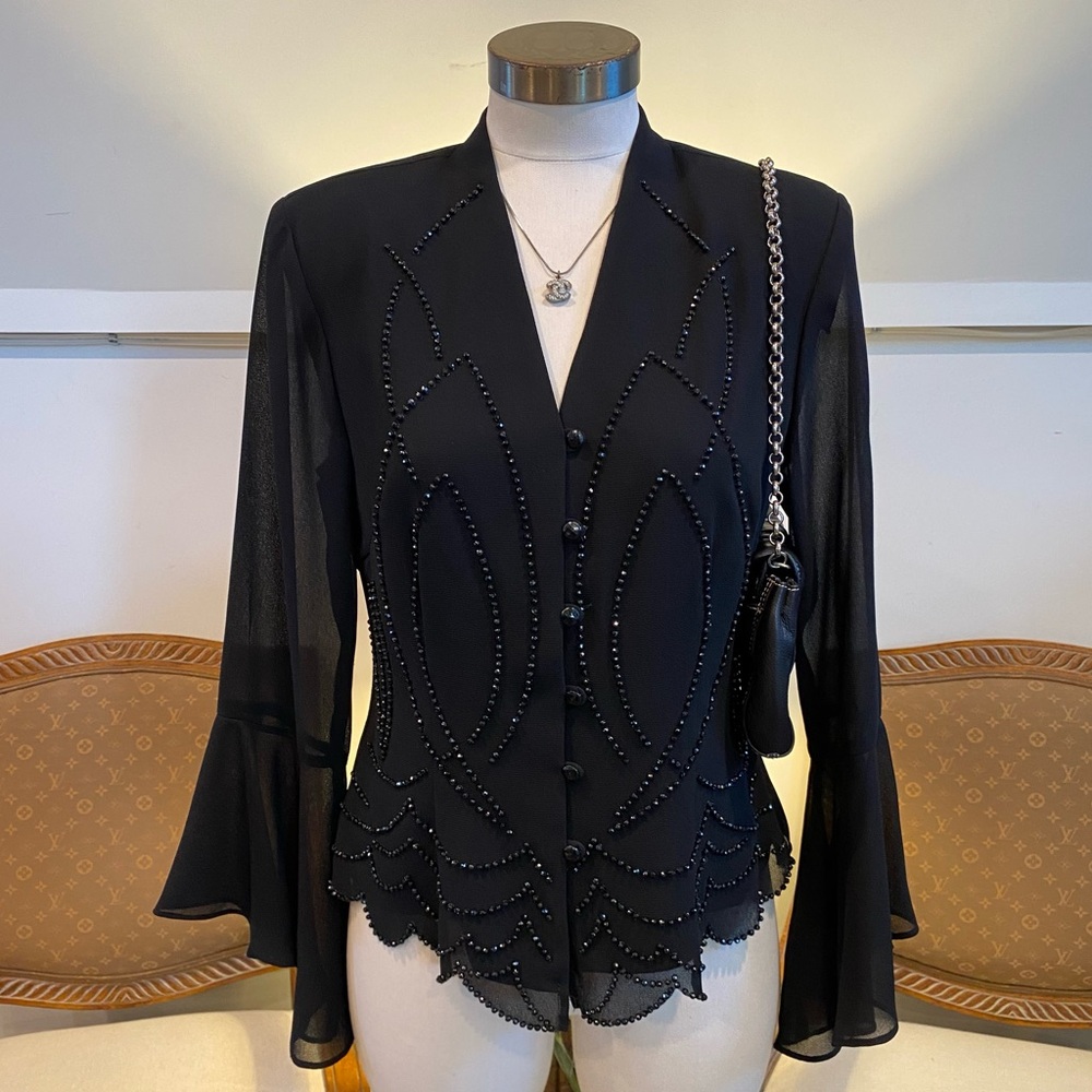 Vintage 1980s Elegant Gothic Black Beaded Women's Top Sheer Bell Sleeves, Size M